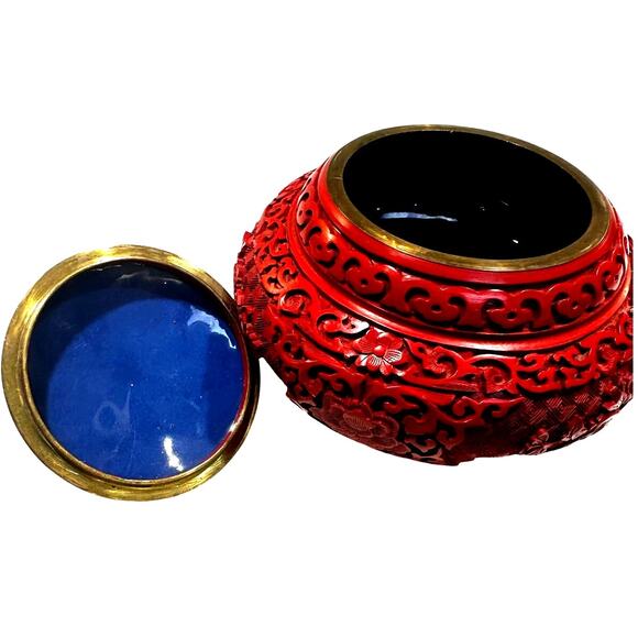Antique Chinese Cinnabar Ornate Red Trinket Box Blue Enameled Brass Exquisite - Picture 2 of 9